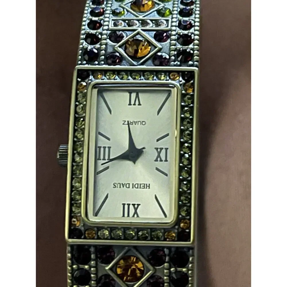 Heidi Daus Double Trouble Bangle Cuff Wrist Watch Swarovski Crystals Brass Tone